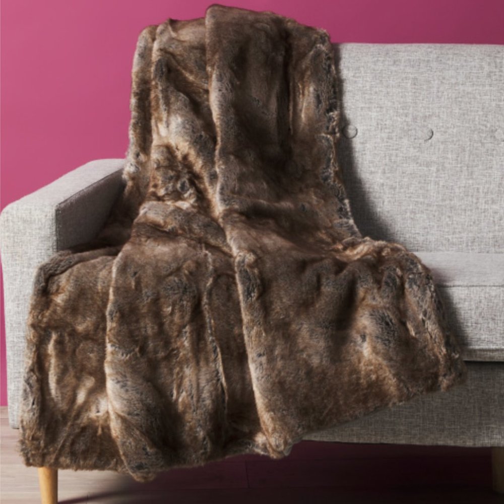 Nicole Miller Artelier Brown Faux Fur Throw Blanket 50x60 Luxury Designer NEW